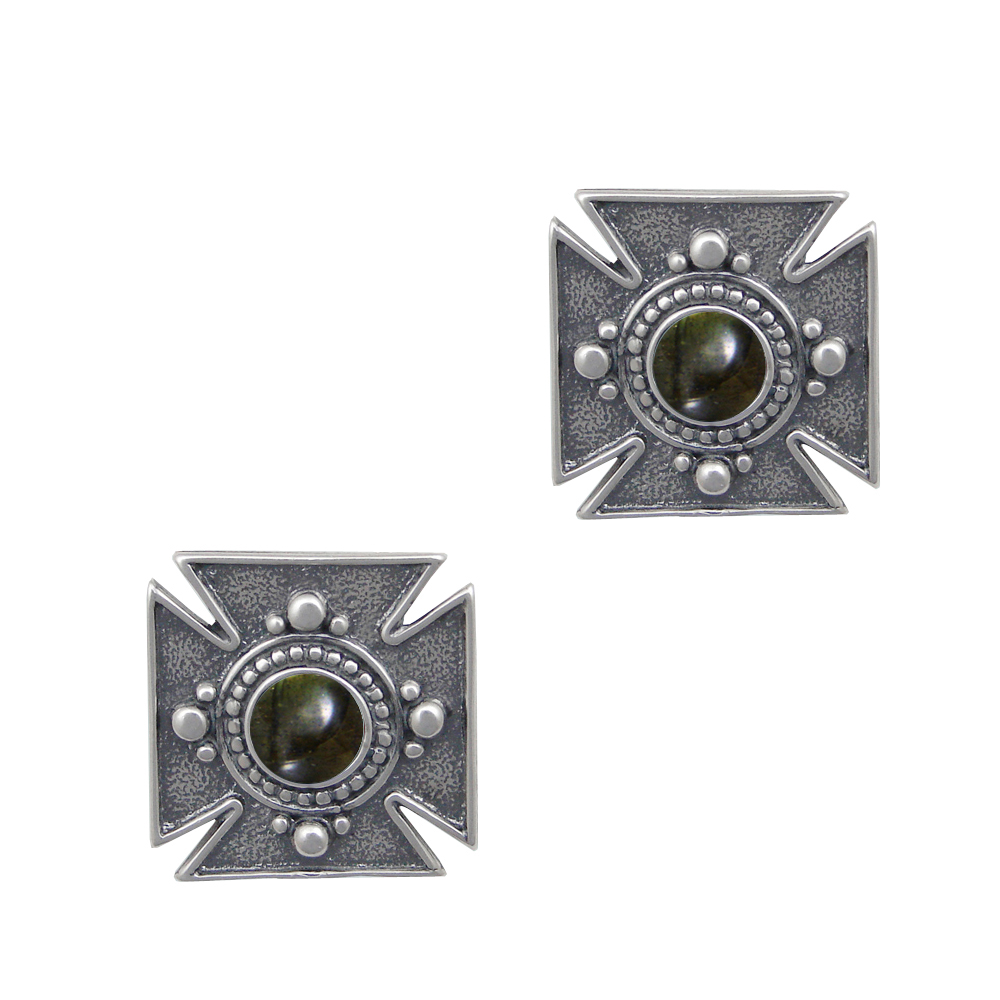 Sterling Silver Small Iron Cross Post Stud Earrings With Spectrolite